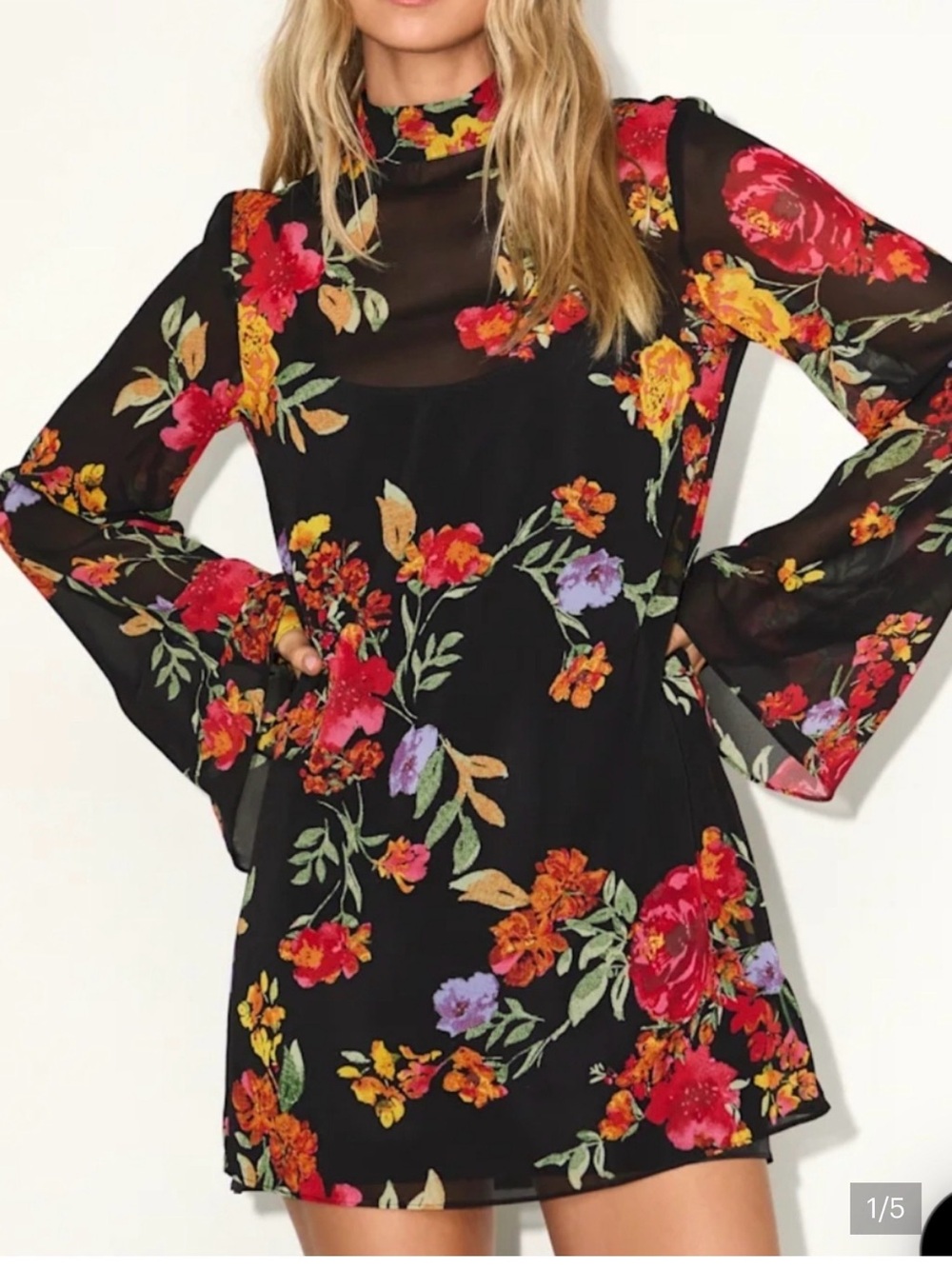 Lulu's Black Floral Long-Sleeve Mini Dress with Red and Orange Blooms
